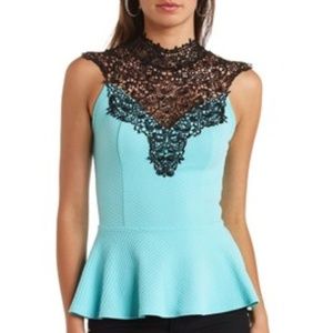 VDAY ♥️ Lace Mock Neck Halter Turquoise Peplum Top
